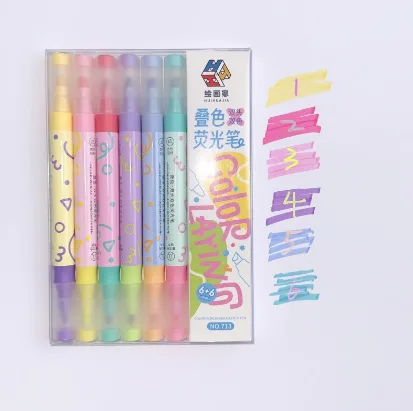 713-6 Double Head Double Color Gradient Fluorescent Pen 6 Colors - Display Boxed