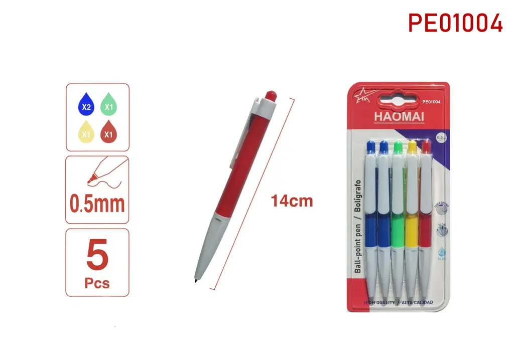PE01004 5 Ballpoint Pens / 1 Red Rod, 1 Yellow Rod, 2 Blue Rods, 1 Green Rod