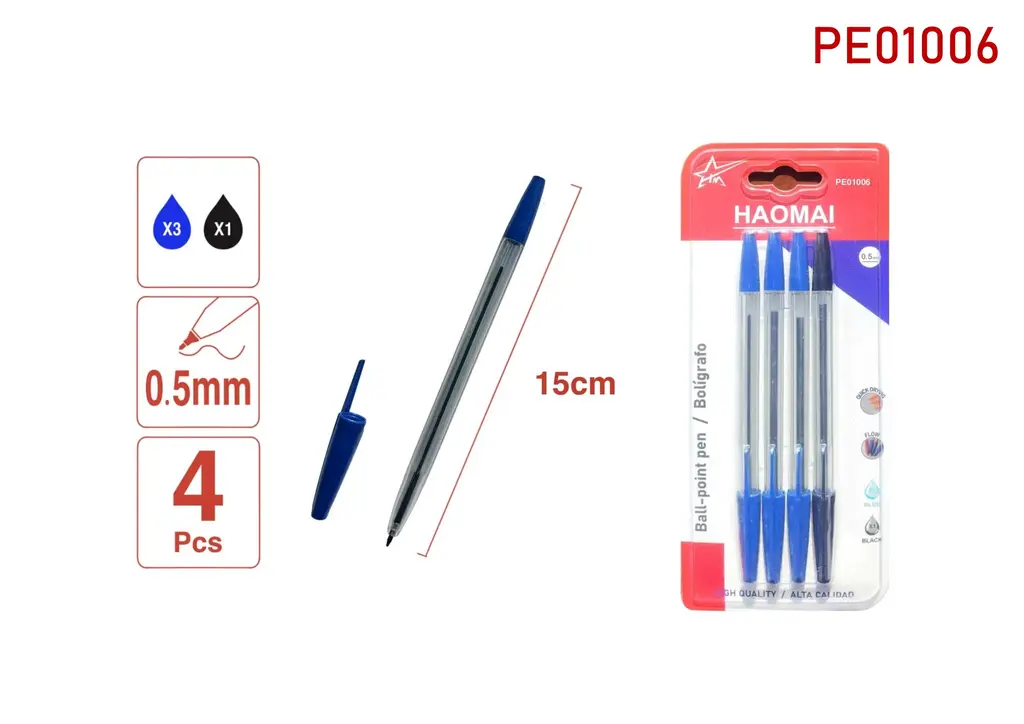 PE01006 3 Blue, 1 Black Ballpoint Pen - Transparent Rod