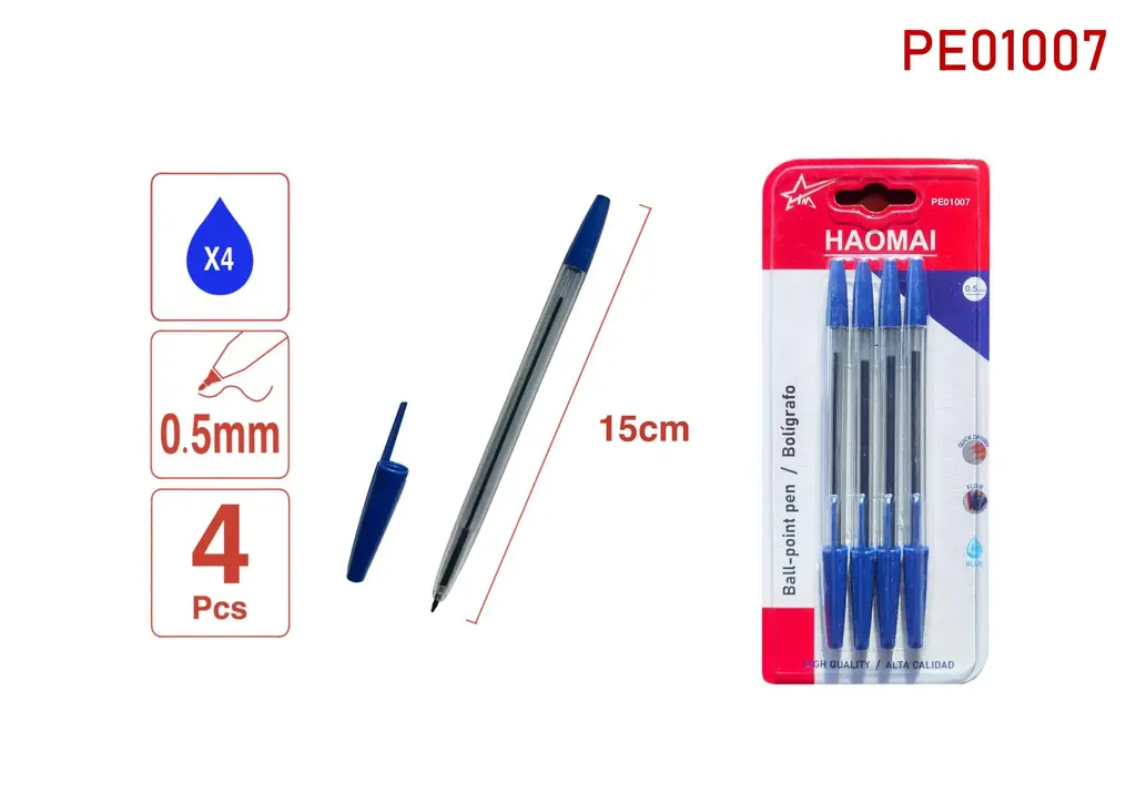 PE01007 4 Blue Ballpoint Pens - Transparent Rod