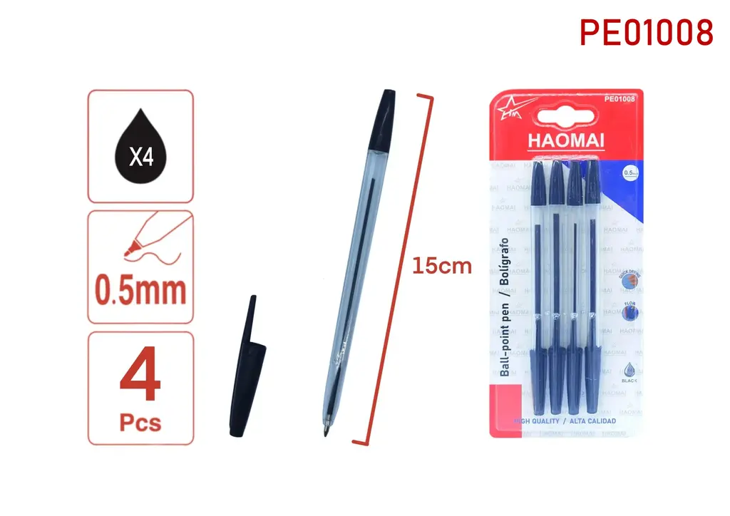 PE01008 4 Black Ballpoint Pens - Transparent Rod