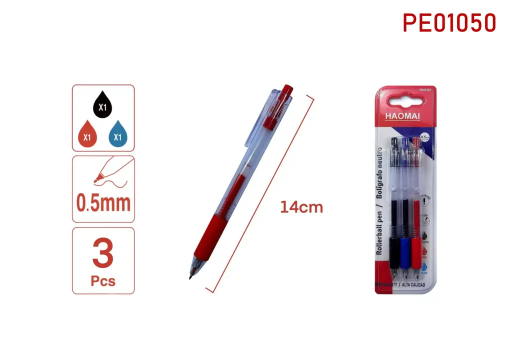 PE01050 Three Neutral Pens, Black, Red, Blue