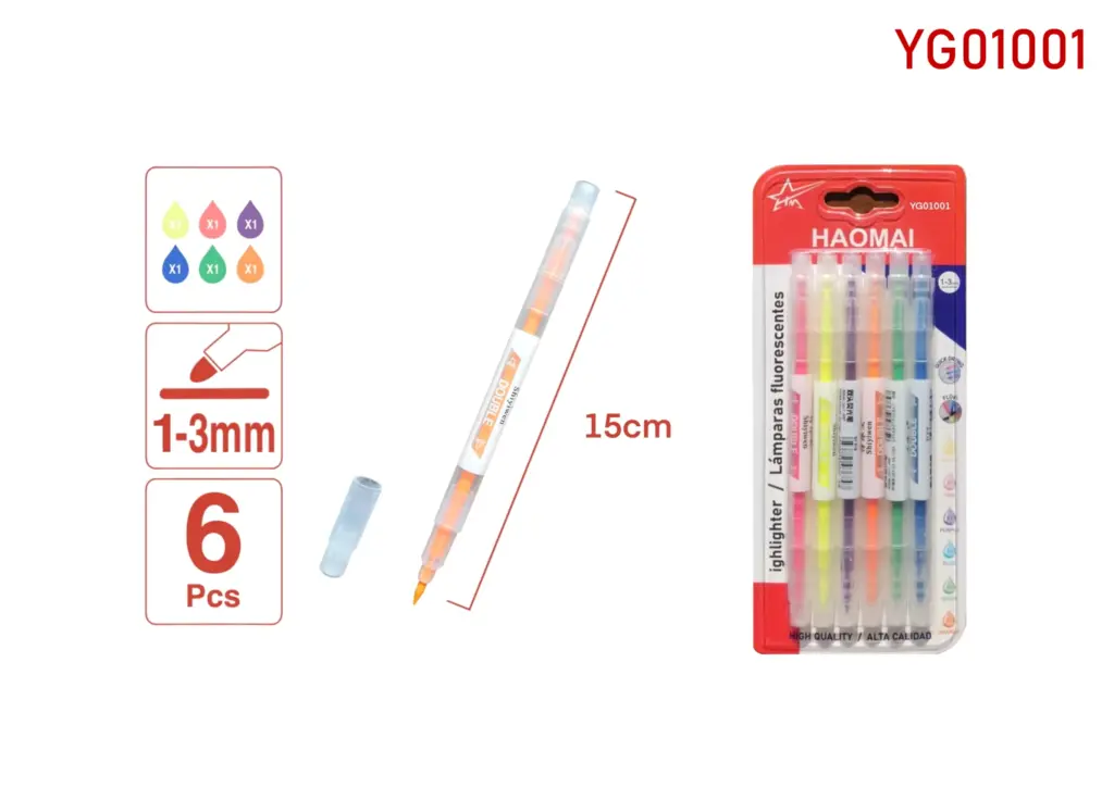 YG01001 Six pieces of fluorescent pens / 1 yellow, 1 pink, 1 purple, 1 blue, 1 green, 1 orange