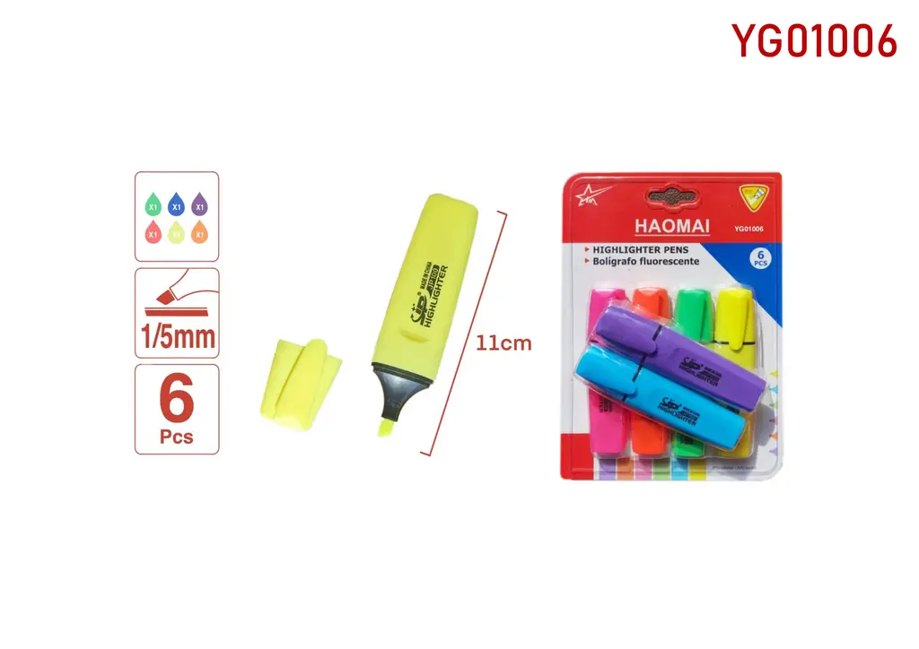 YG01006 6 pieces of fluorescent pens with hooks