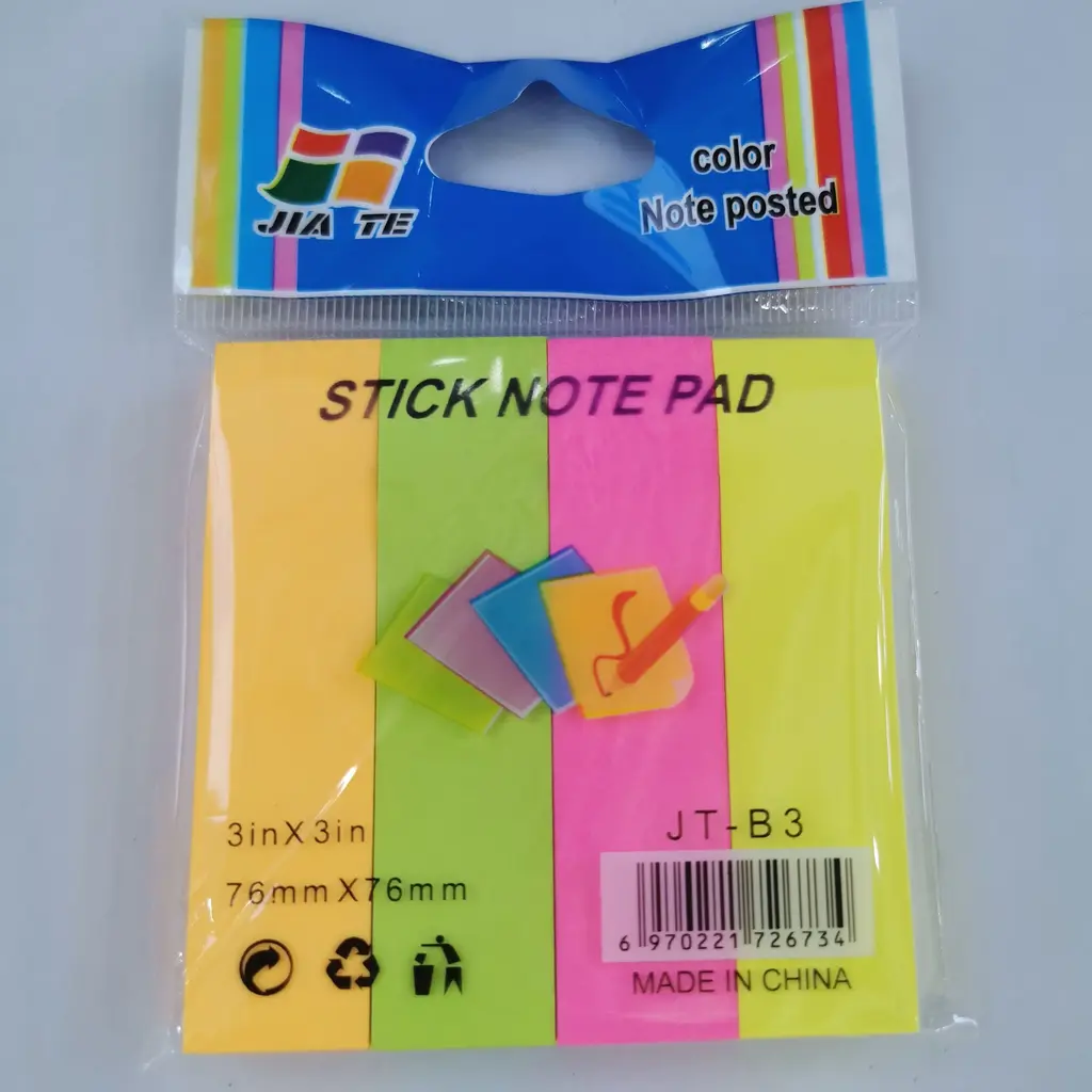 JT-B3 Single-Sided Fluorescent Post-it Note (4 Sheets), 100 Sheets