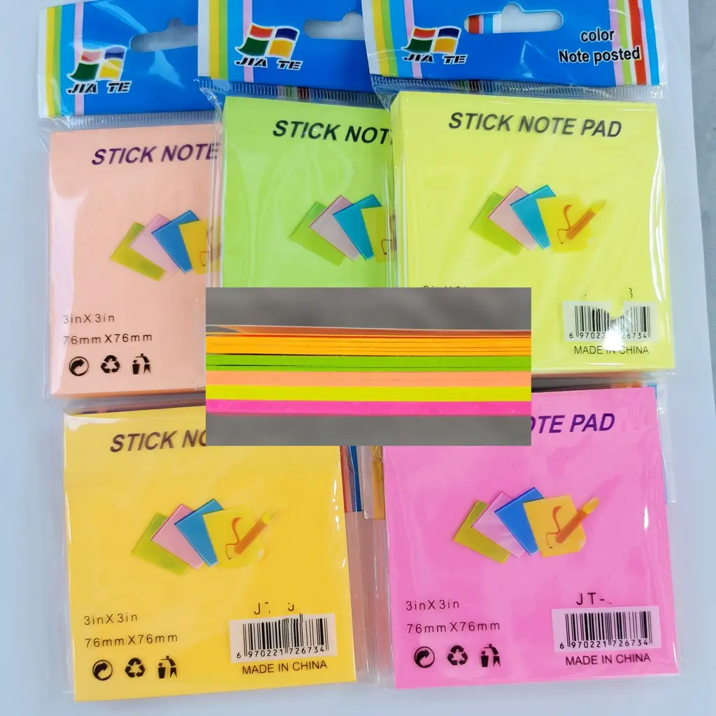 JT-C3 Fluorescent 3*3 Multi-Color Post-it Notes, 100 Sheets