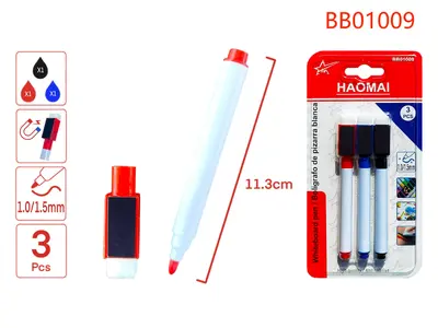 BB01009 Whiteboard Pen with Magnetic Eraser, Black, Blue, Red