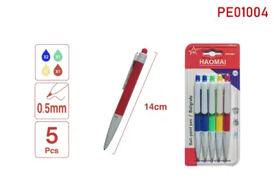 PE01004 5 Ballpoint Pens / 1 Red Rod, 1 Yellow Rod, 2 Blue Rods, 1 Green Rod