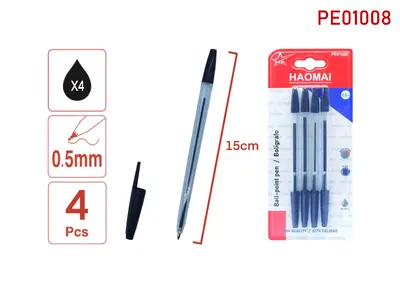 PE01008 4 Black Ballpoint Pens - Transparent Rod